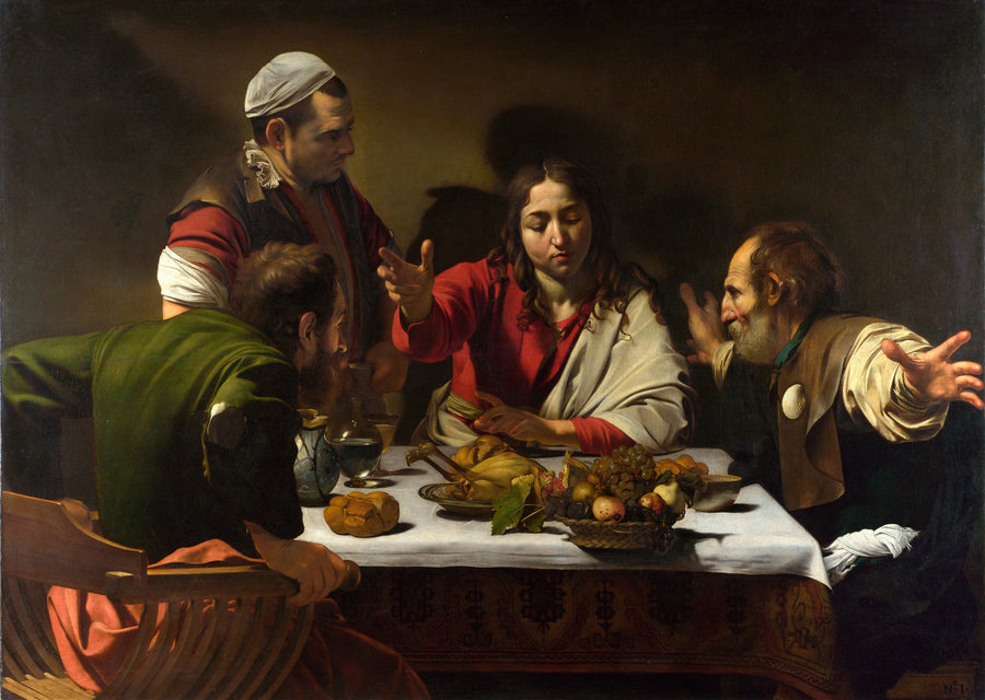 Caravaggio — Supper at Emmaus | Fine Art Print shown to scale on a wall above a sofa