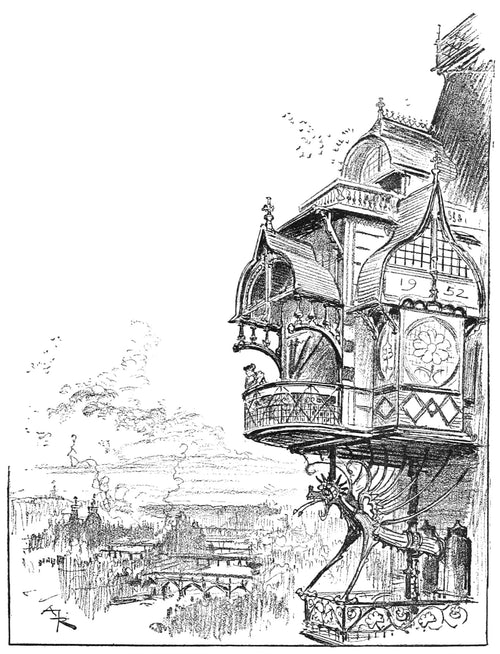 Sur les hauteurs de Passy by Albert Robida — An ornate house balcony juts high over a smoky city