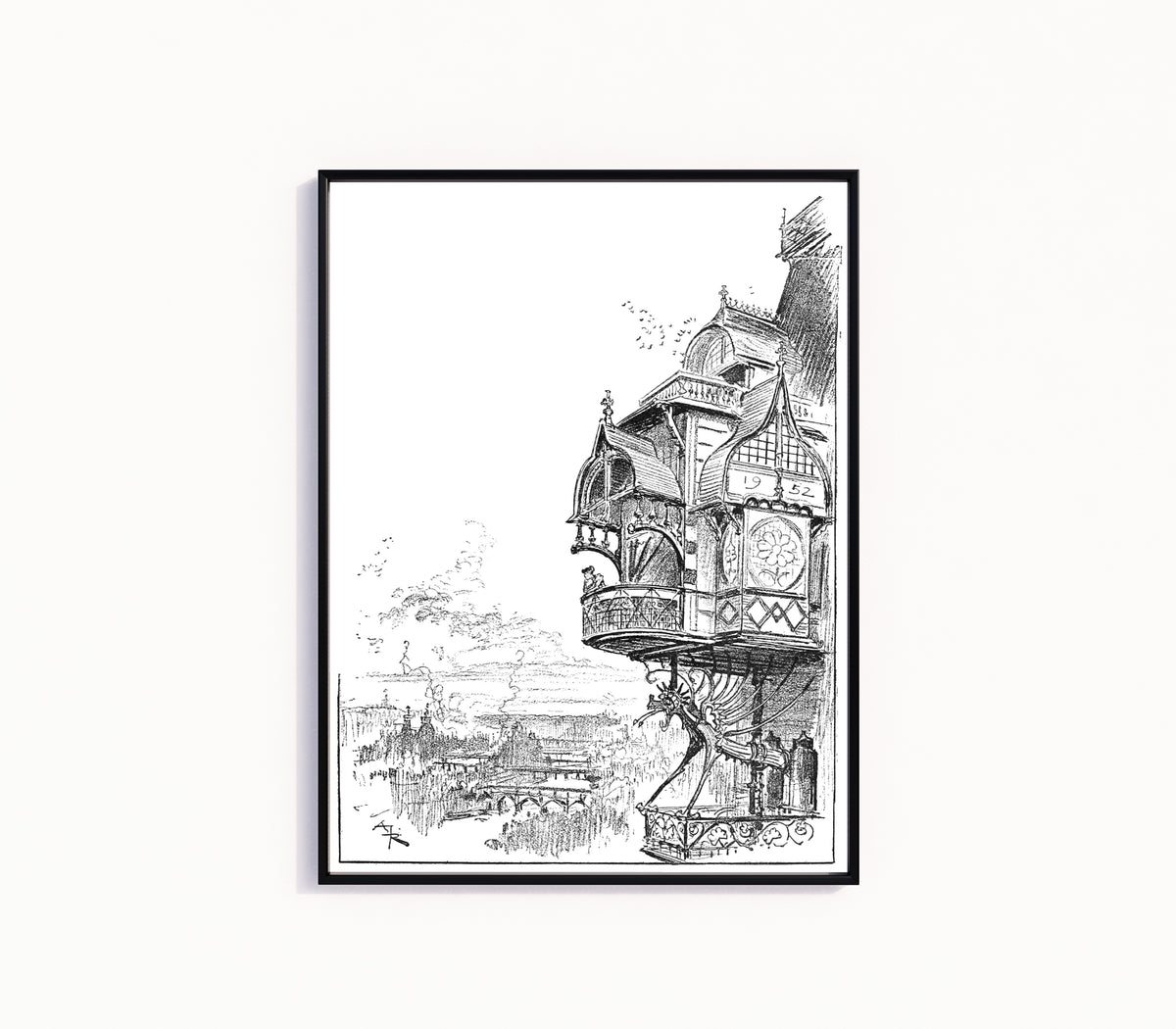 Framed art print of Sur les hauteurs de Passy by Albert Robida, in a slim black frame on a plain white wall