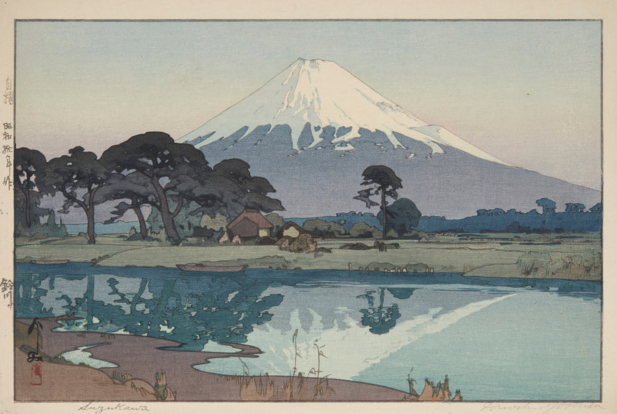 Hiroshi Yoshida — Suzukawa | Japanese Woodblock Print (Shin Hanga) shown to scale on a wall above a sofa