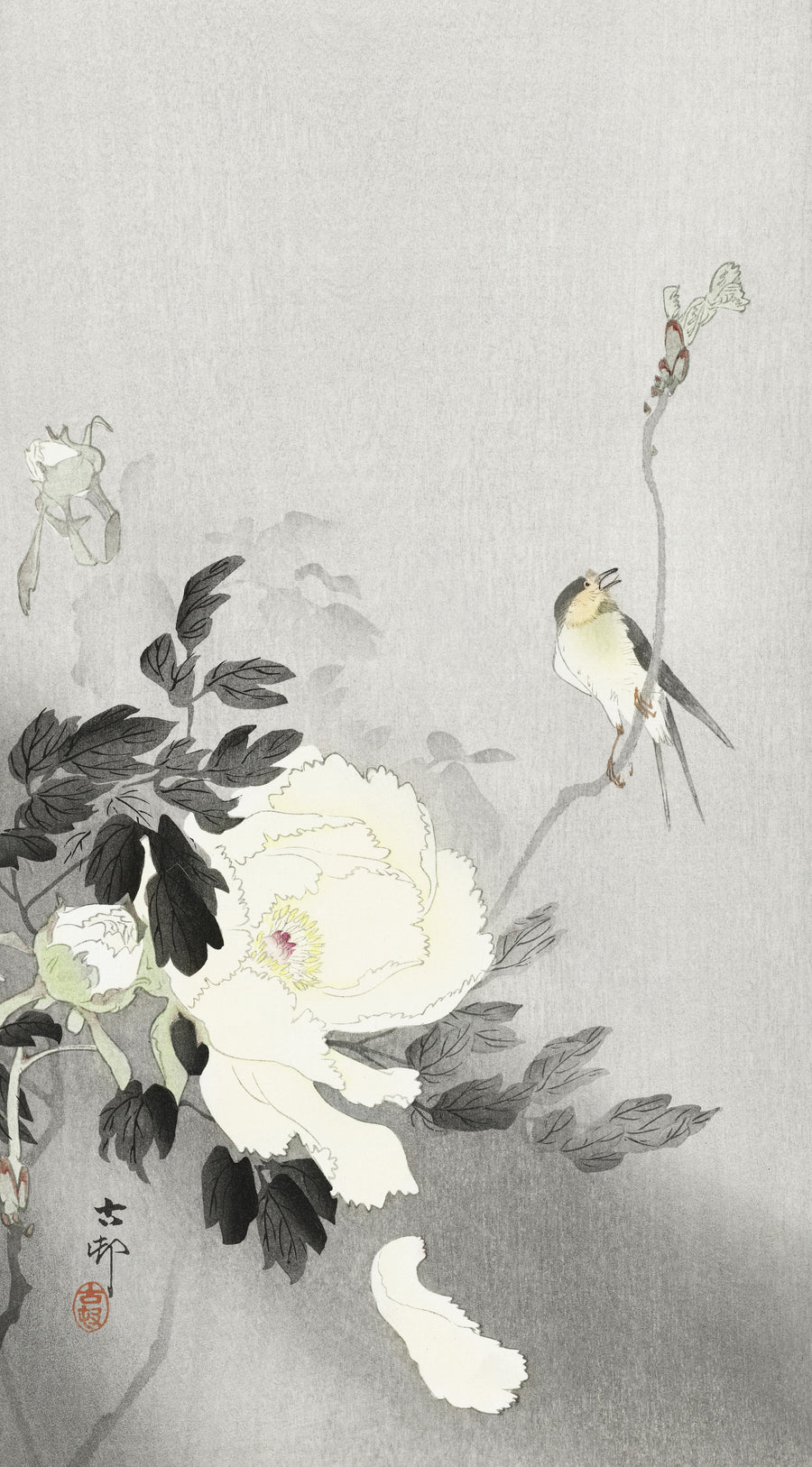 Ohara Koson — Swallow with Peony | Japanese Bird & Flower Woodblock Print shown to scale on a wall above a sofa