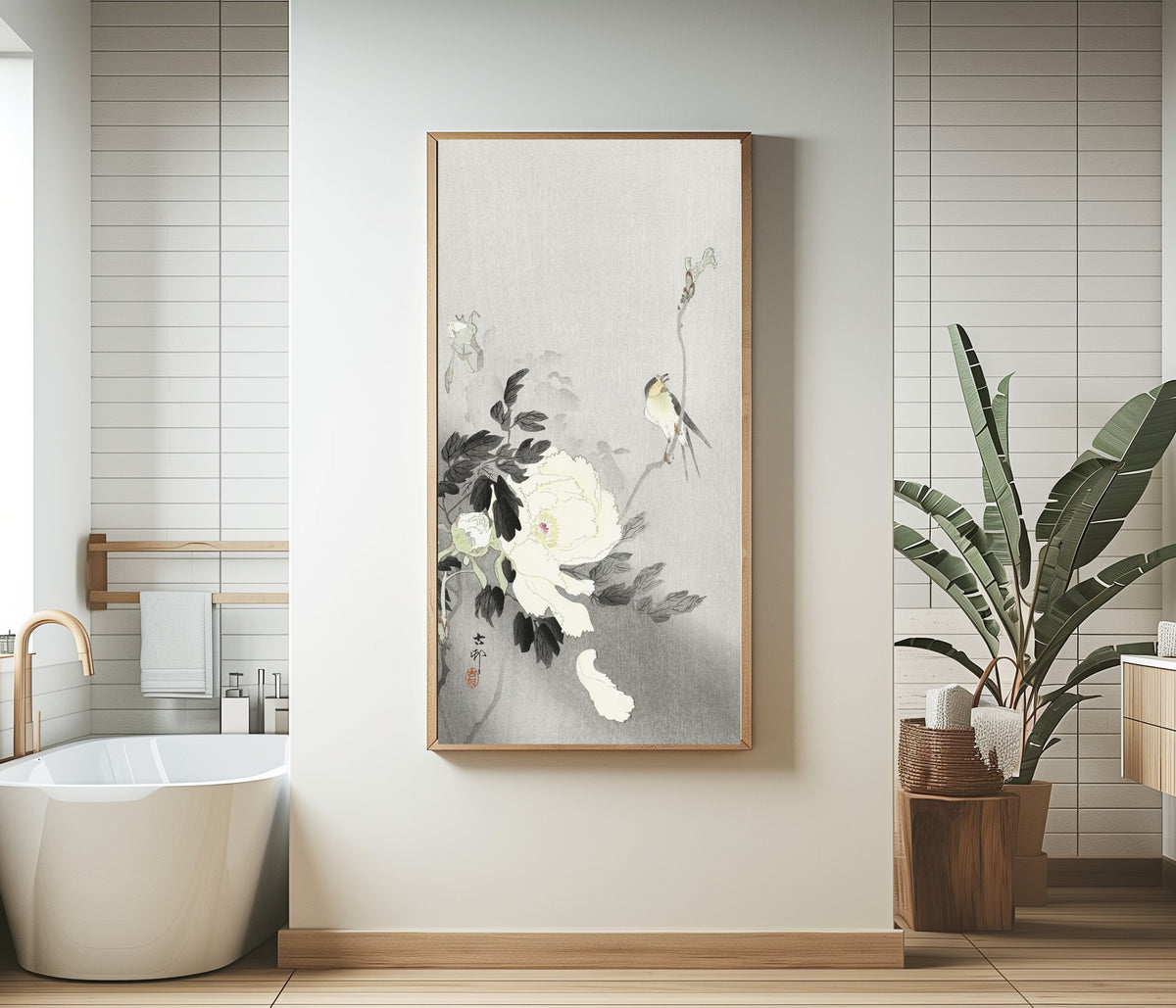 Framed art print of Swallow with Peony by Ohara Koson, in a bathroom beside a freestanding tub