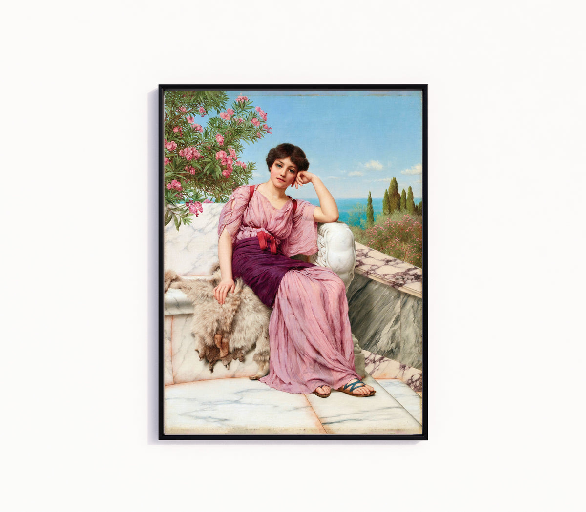Framed art print of Sweet Dreams by John William Godward, in a slim black frame on a plain white wall