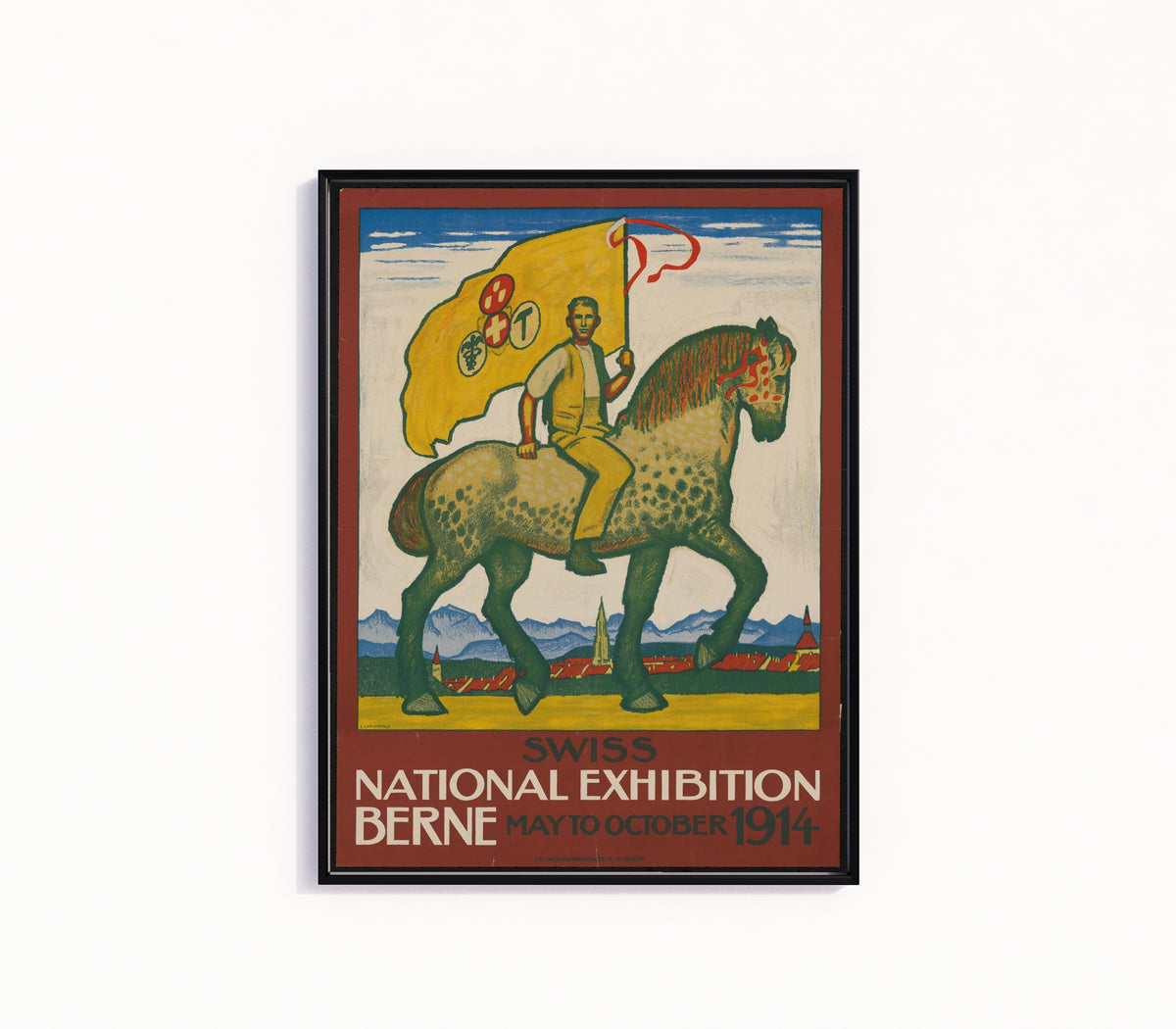 Framed art print of Swiss National Exhibition, Berne 1914 by Emil Cardinaux, in a slim black frame on a plain white wall