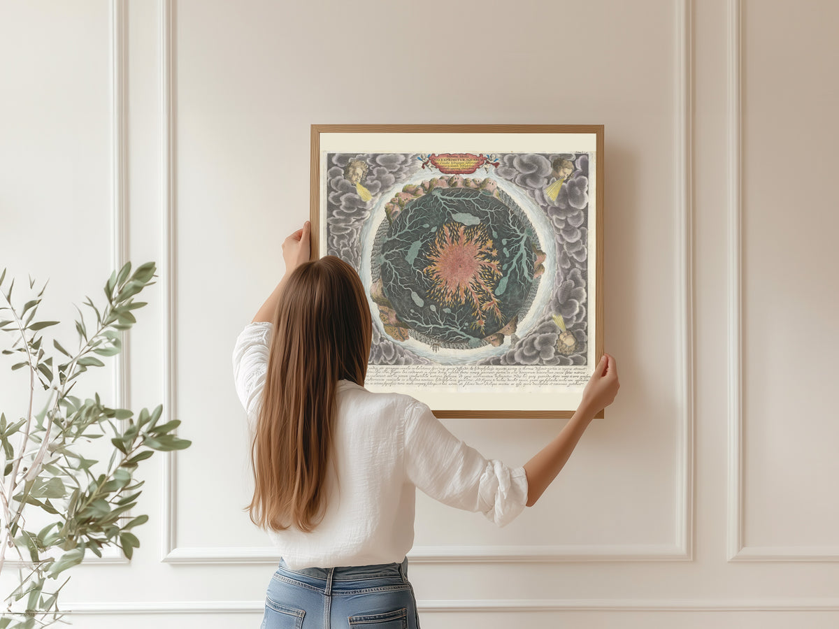 Athanasius Kircher — Systema Ideale quo exprimitur Aquarum per Canales Hydragogos Subterraneos | Hand-Coloured Engraved Scientific Chart Print