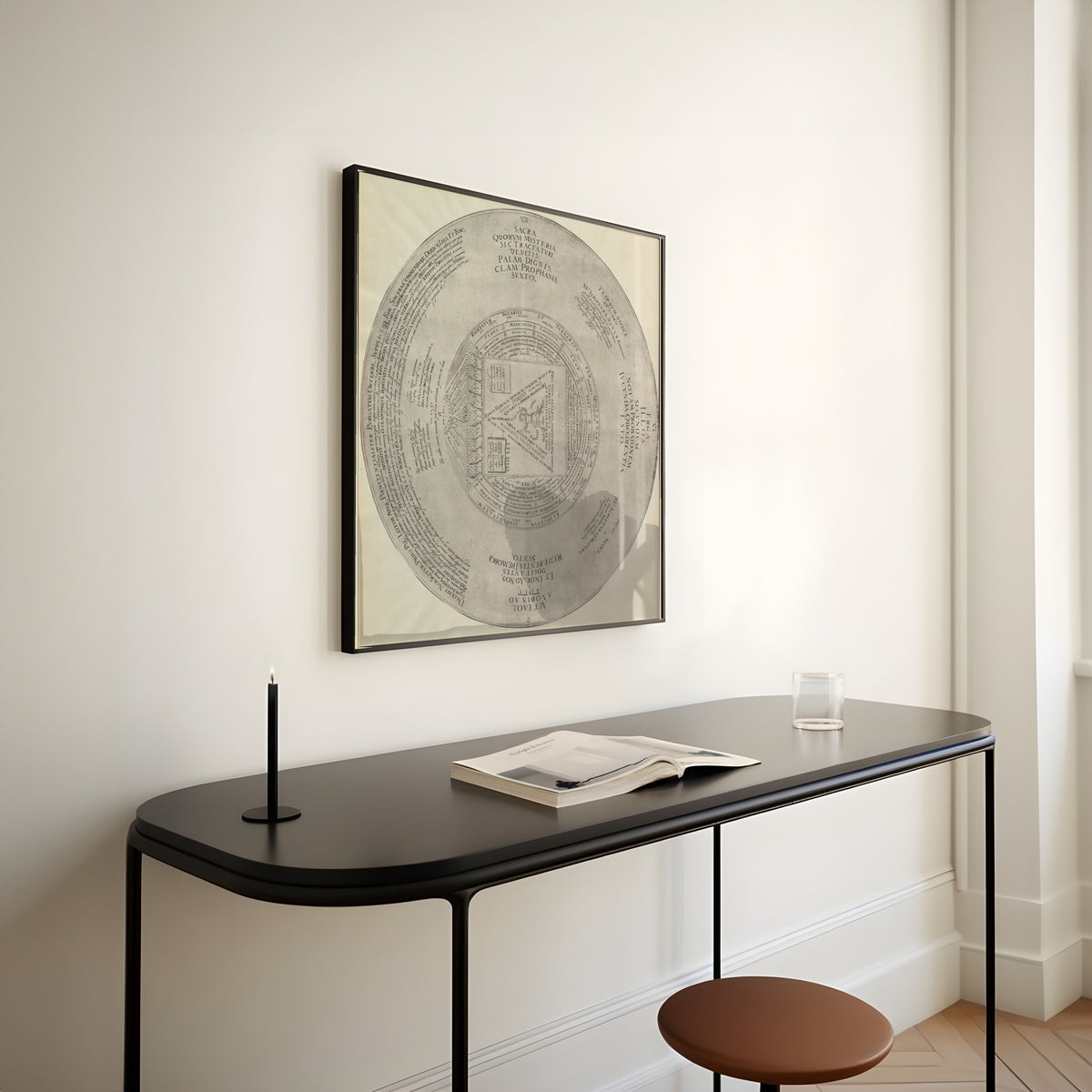 Framed art print of Syzygy: the Conjunction of the Macrocosmic Unity with the Microcosmic Triunity… by Heinrich Khunrath, above a slim black console table