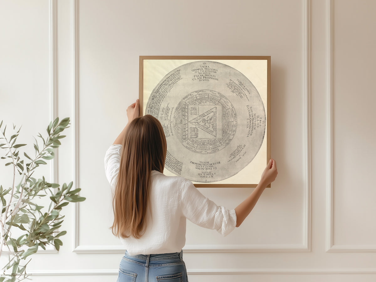 Framed art print of Syzygy: the Conjunction of the Macrocosmic Unity with the Microcosmic Triunity… by Heinrich Khunrath, hung on a panelled wall