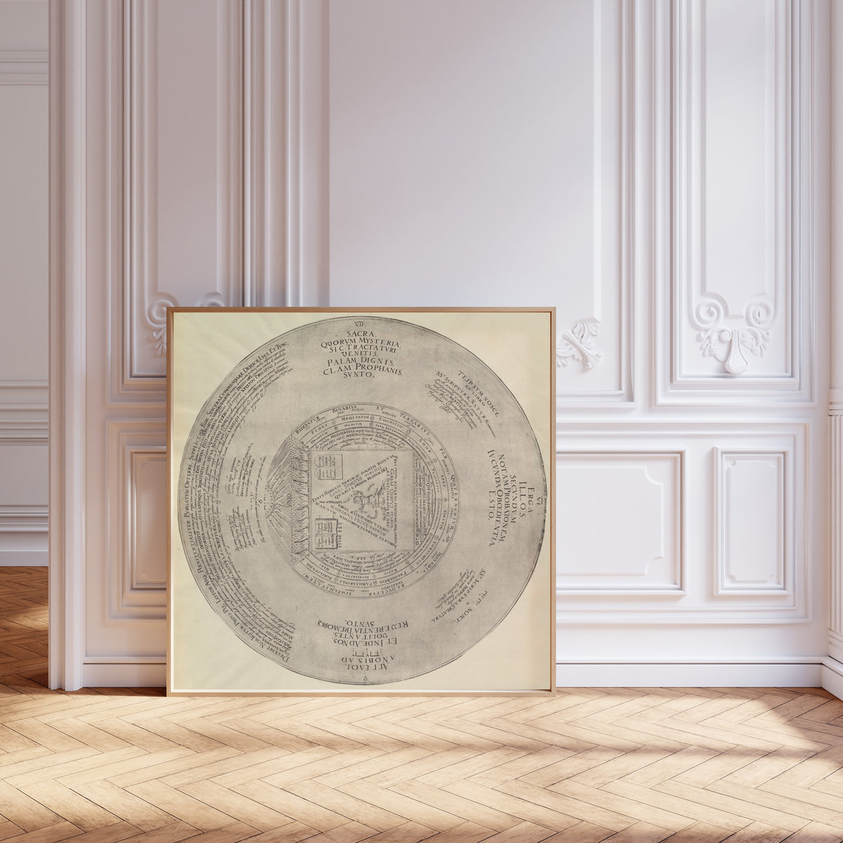 Framed art print of Syzygy: the Conjunction of the Macrocosmic Unity with the… by Heinrich Khunrath, leaning against pale pink panelling on a herringbone floor