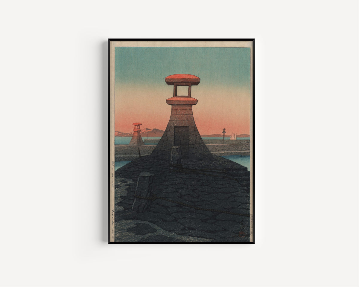 Framed art print of Tadotsu, Sanshu by Kawase Hasui, in a slim black frame on a plain white wall