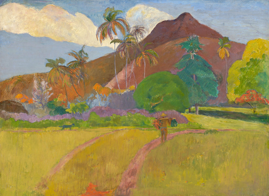 Paul Gauguin — Tahitian Landscape with a Man on the Path | Fine Art Print shown to scale on a wall above a sofa