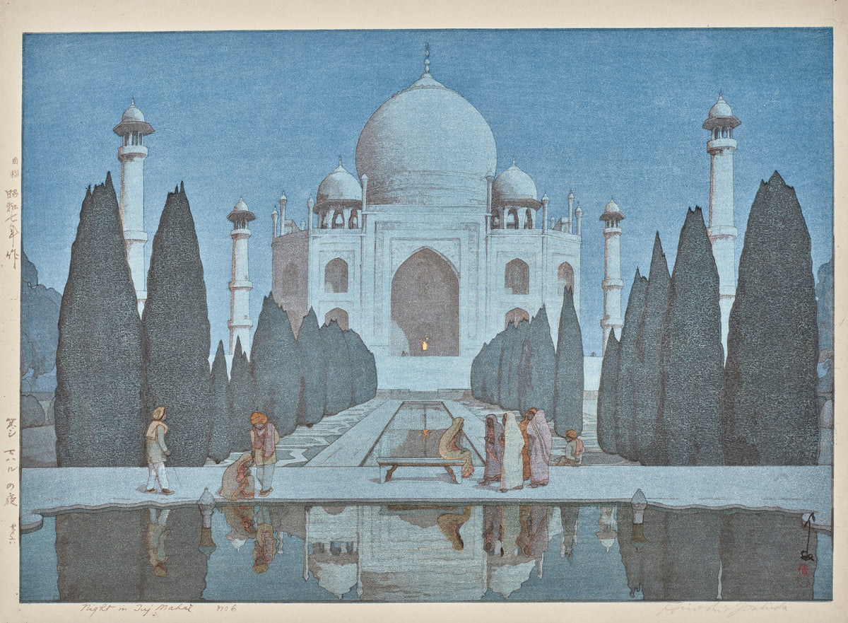 Taj Mahal at Night, No. 6 by Hiroshi Yoshida — The Taj Mahal glows pale blue between dark cypresses