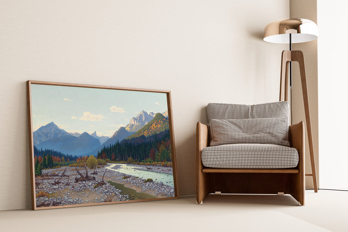 Tal bei Schloss Linderhof by Fritz Müller-Landeck — framed and leaning against a wall beside an armchair and a floor lamp
