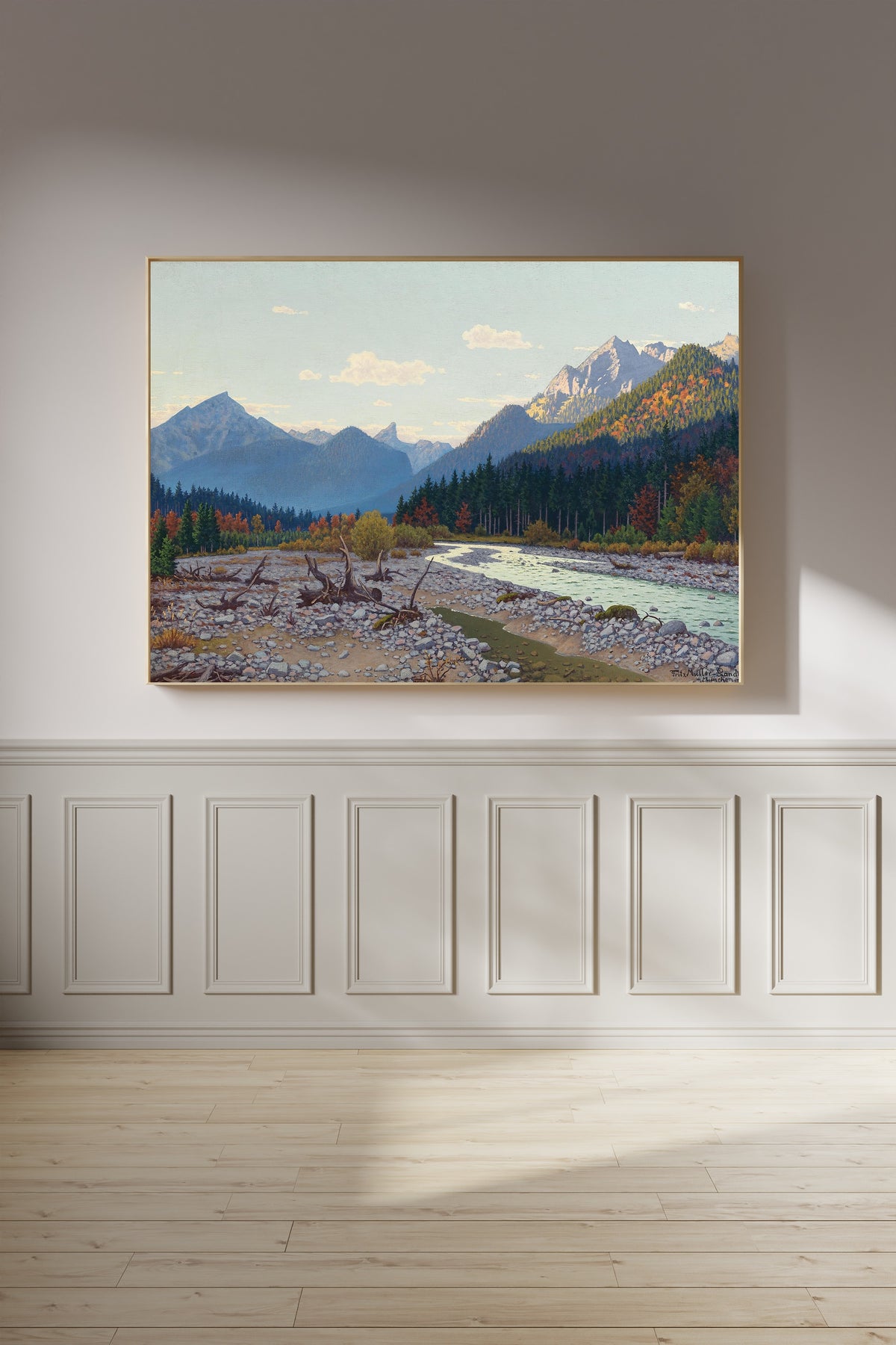 Tal bei Schloss Linderhof by Fritz Müller-Landeck — framed on a panelled wall in afternoon light