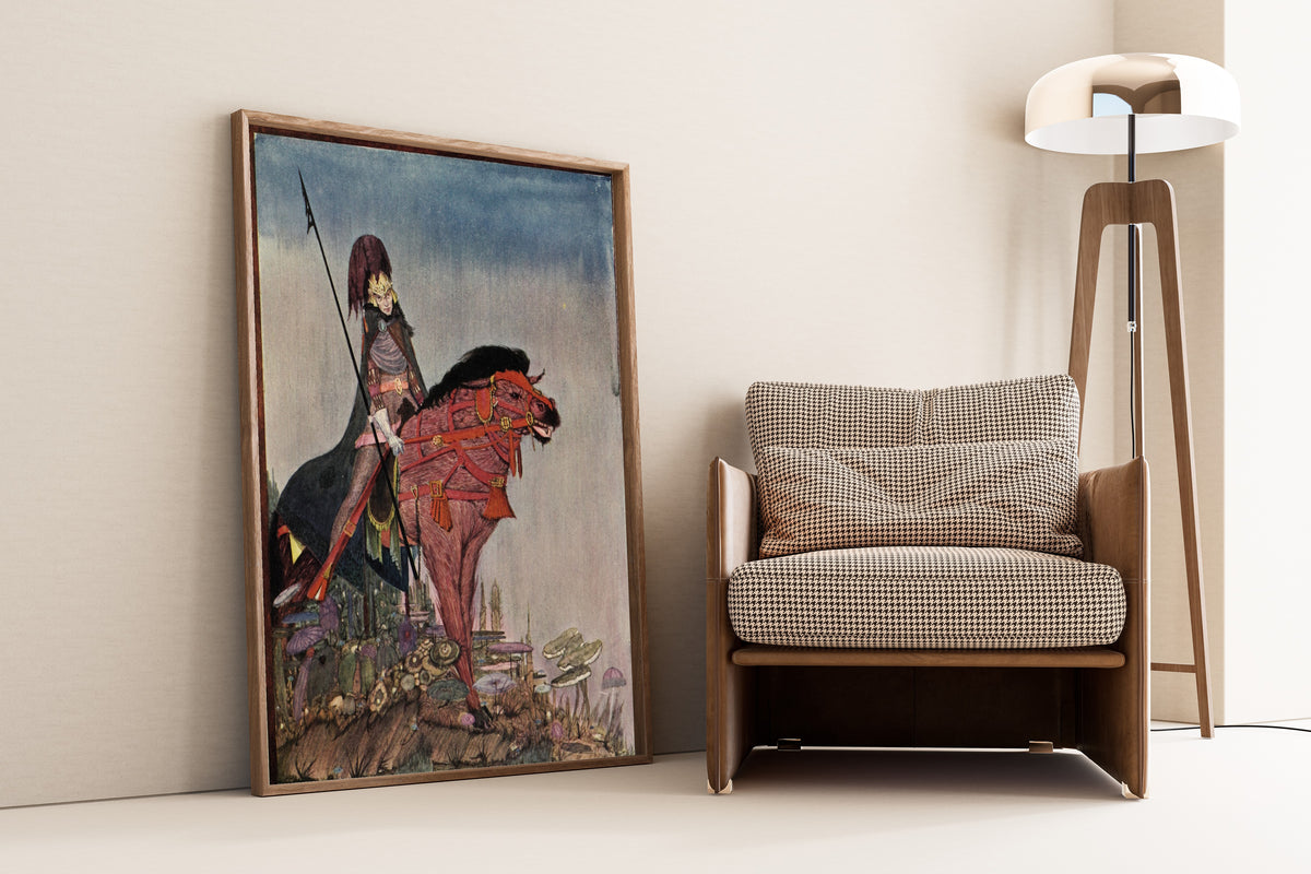 Framed art print of Tales of Mystery and Imagination: An Attachment Which Seemed… by Harry Clarke, leaning against a wall beside an armchair and a floor lamp
