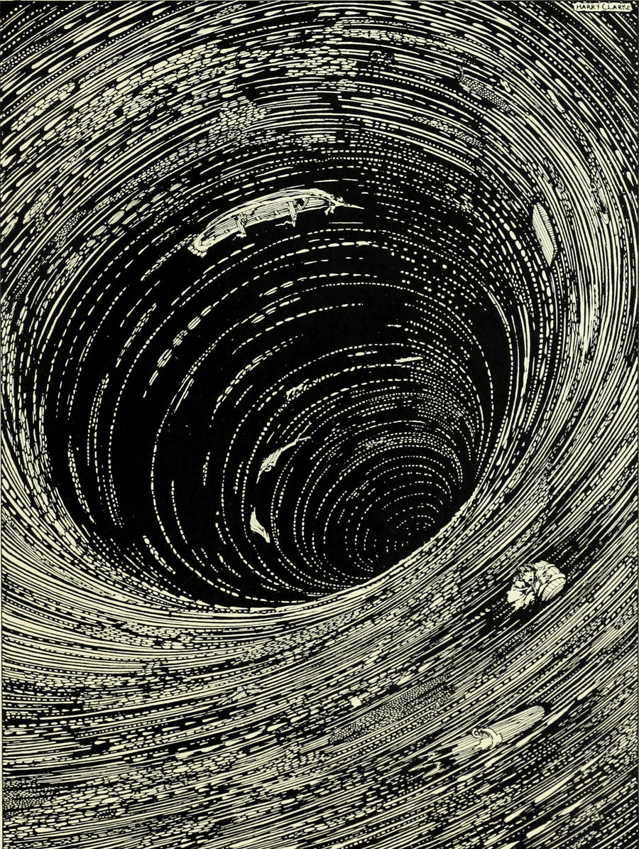 Harry Clarke — Tales of Mystery and Imagination: The Boat Appeared to Be Hanging, as if by Magic | Gothic Illustration Print shown to scale on a wall above a sofa