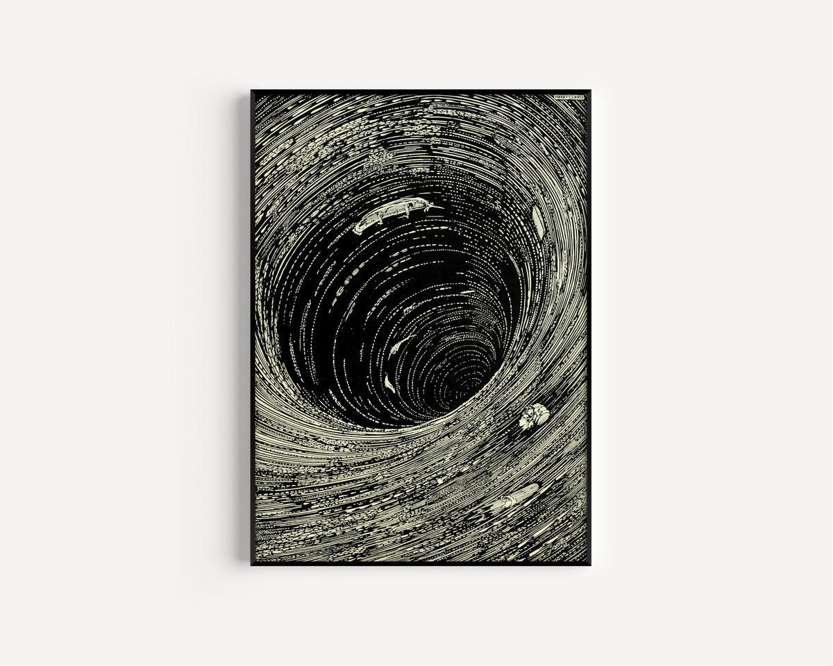 Framed art print of Tales of Mystery and Imagination: The Boat Appeared to Be Hanging, as if by… by Harry Clarke, in a slim black frame on a plain white wall