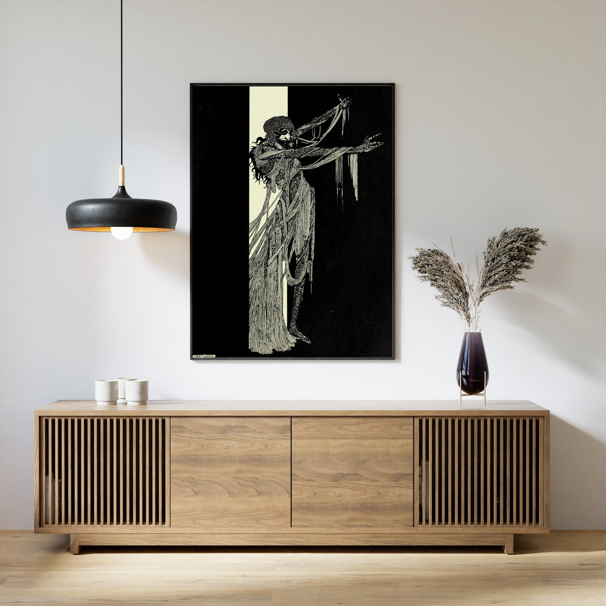 Framed art print of Tales of Mystery and Imagination: The Lady Madeline of Usher by Harry Clarke, above a slatted wood sideboard