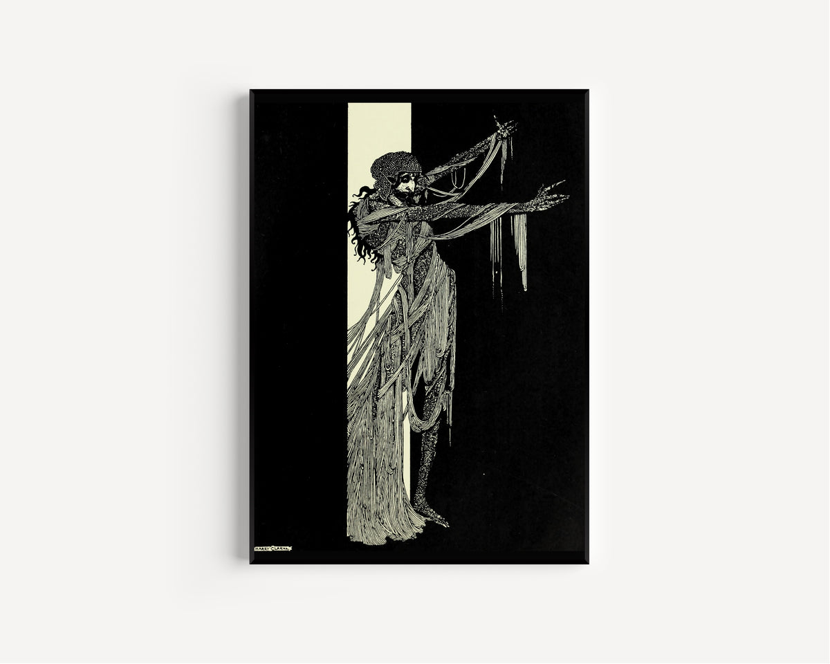 Framed art print of Tales of Mystery and Imagination: The Lady Madeline of Usher by Harry Clarke, in a slim black frame on a plain white wall