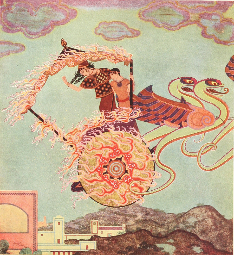 Edmund Dulac — Tanglewood Tales: She Shook Her Hands over the Multitude Below | Fairy Tale Illustration Print shown to scale on a wall above a sofa