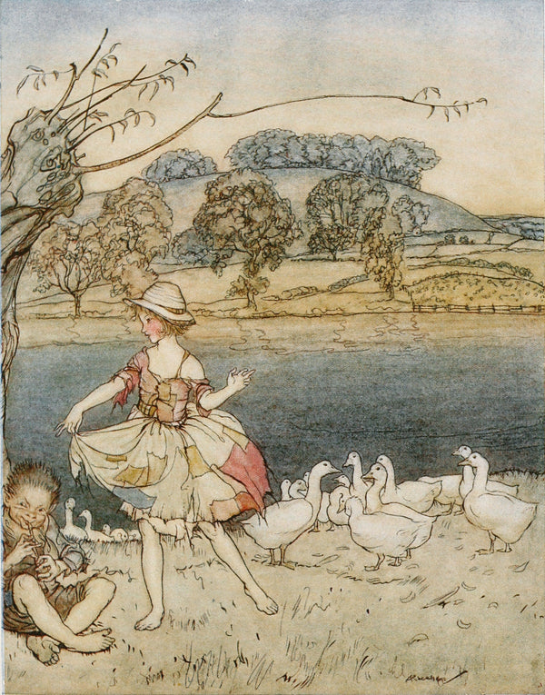 Arthur Rackham — Tattercoats Dancing While the Gooseherd Pipes | Fairy Tale Illustration Print