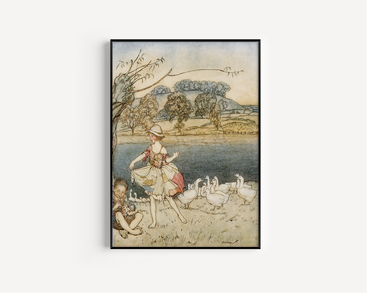 Arthur Rackham — Tattercoats Dancing While the Gooseherd Pipes | Fairy Tale Illustration Print