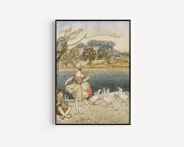 Arthur Rackham — Tattercoats Dancing While the Gooseherd Pipes | Fairy Tale Illustration Print