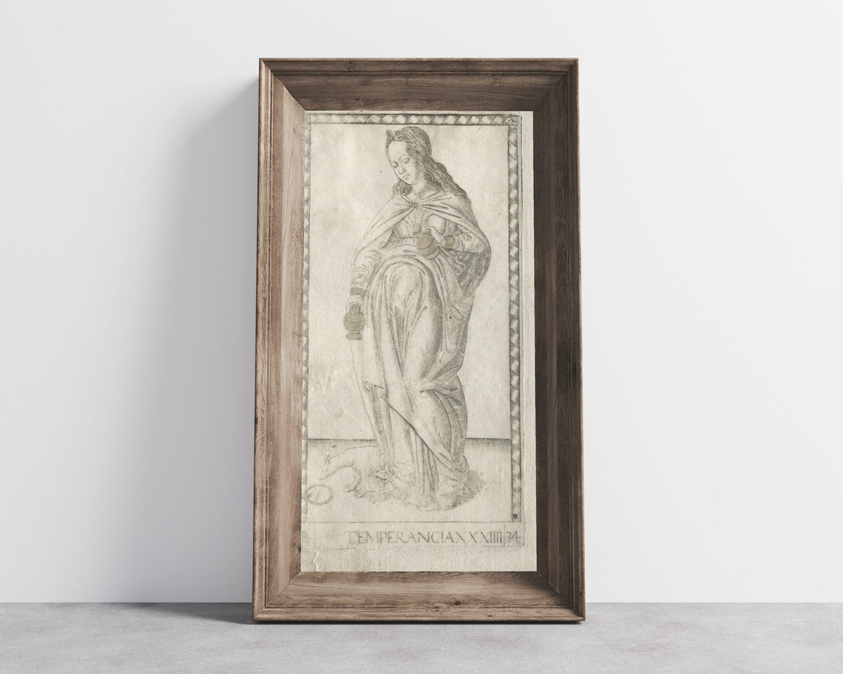 Framed art print of Temperance (from the Tarocchi, Series B: Cosmic… by Master of the E-Series Tarocchi, in a wide wooden frame leaning against a concrete wall