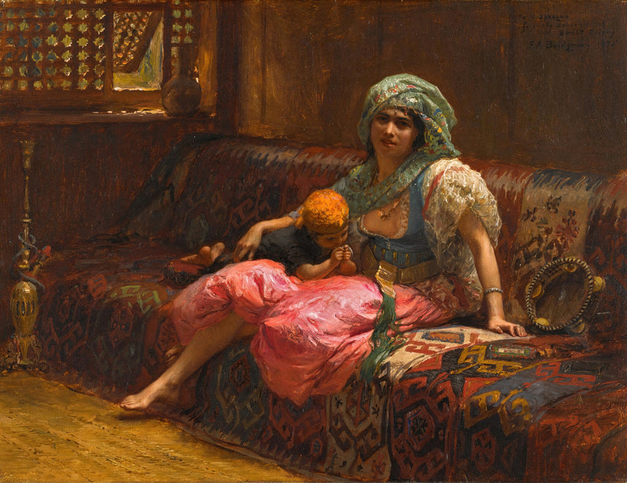 Frederick Arthur Bridgman — Tender Moments | Art Print shown to scale on a wall above a sofa