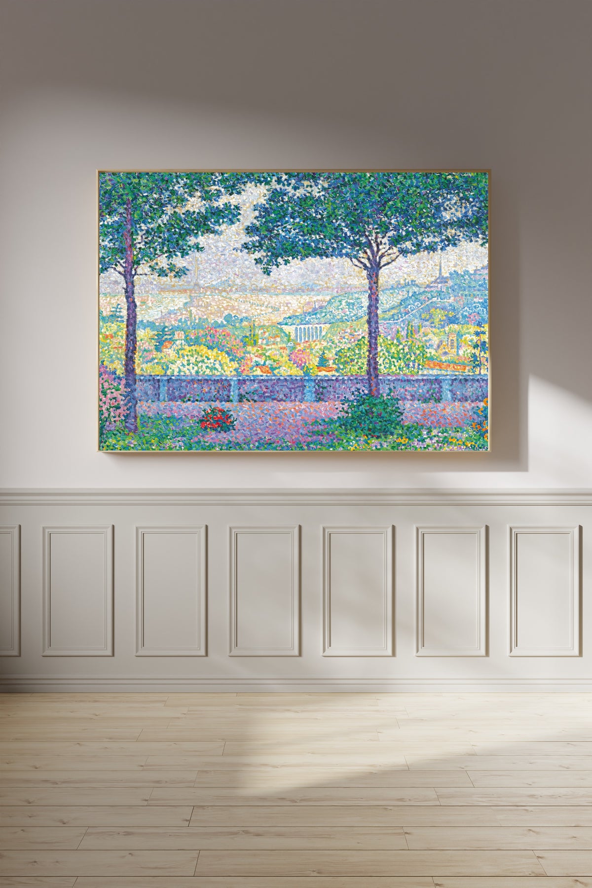 Framed art print of Terrace at Meudon by Paul Signac, on a panelled wall in afternoon light