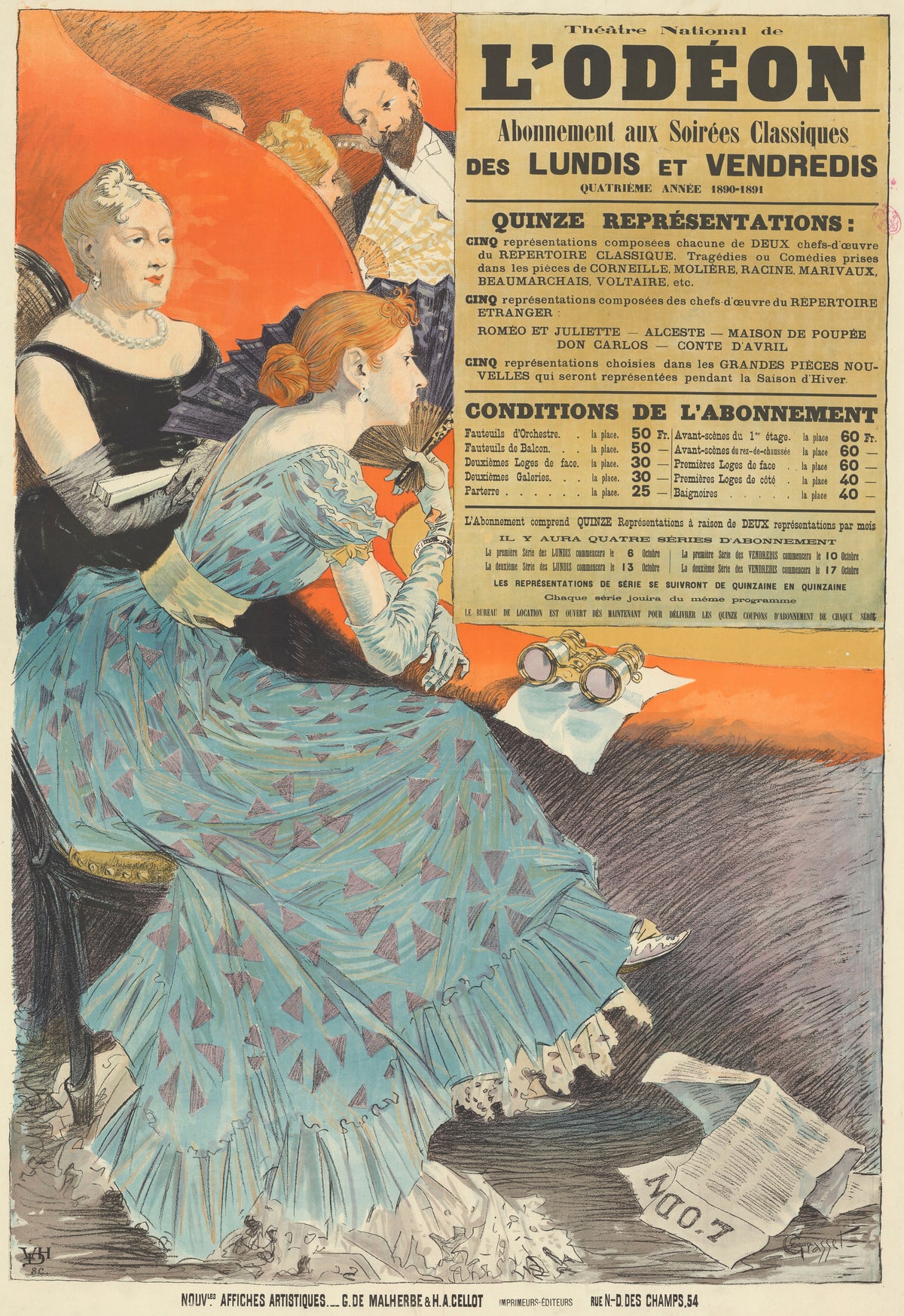 Théatre National de l'Odéon. Abonnement aux soirées classiques… Quatrième années 1890-1891 by Eugène Grasset — Two women in a theatre box, one in a blue