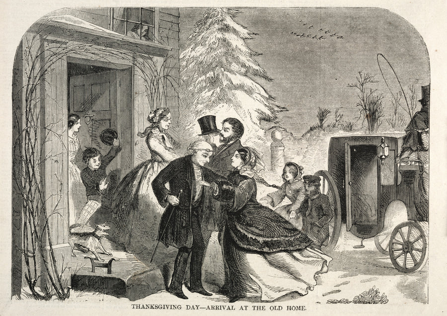 Winslow Homer — Thanksgiving Day: Arrival at the Old Home | Vintage Thanksgiving Print shown to scale on a wall above a sofa