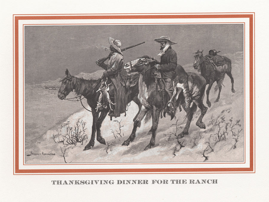 Frederic Remington — Thanksgiving Dinner for the Ranch | Vintage Thanksgiving Print shown to scale on a wall above a sofa