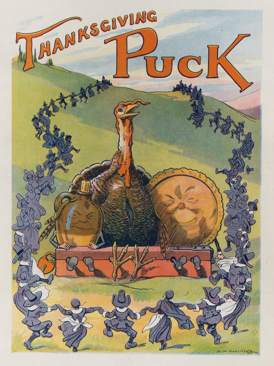 Louis Glackens — Thanksgiving Puck, 1913 | Vintage Thanksgiving Print shown to scale on a wall above a sofa