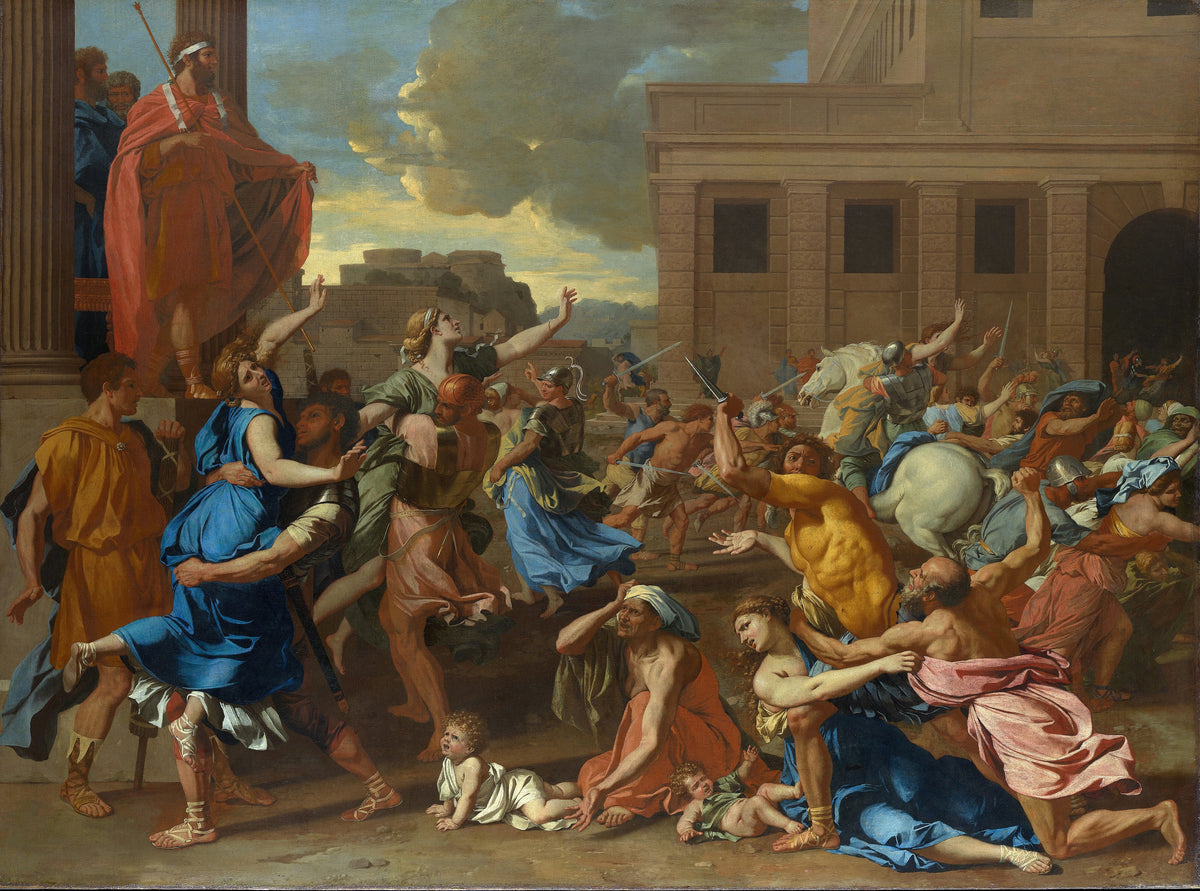 The Abduction of the Sabine Women by Nicolas Poussin — Armed Romans seize women in a crowded square beside a palace