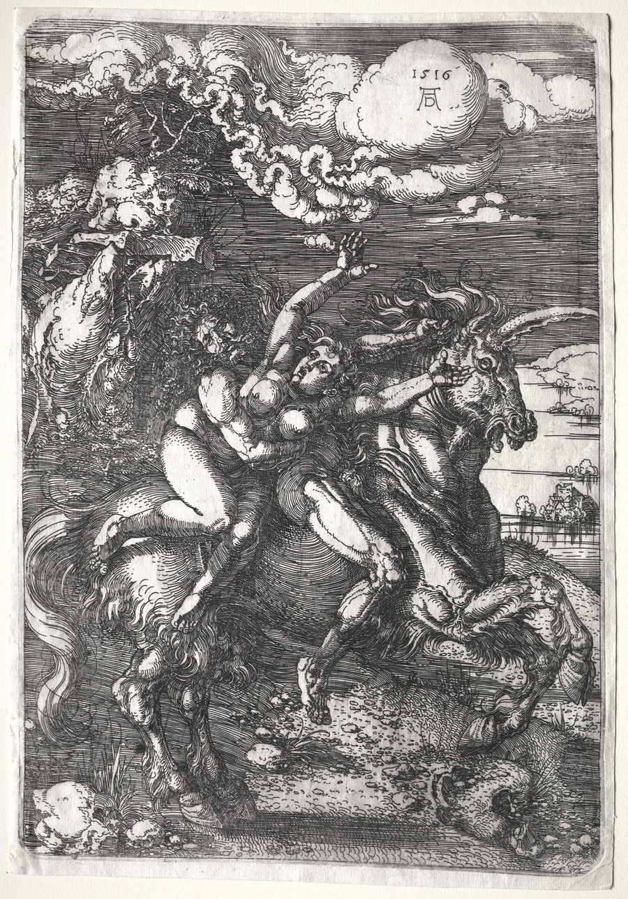 Albrecht Dürer — The Abduction on a Unicorn | Etching Print shown to scale on a wall above a sofa