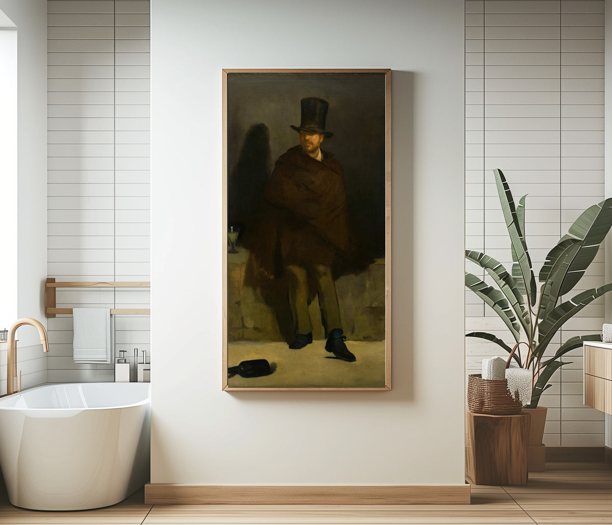 Framed art print of The Absinthe Drinker by Édouard Manet, in a bathroom beside a freestanding tub