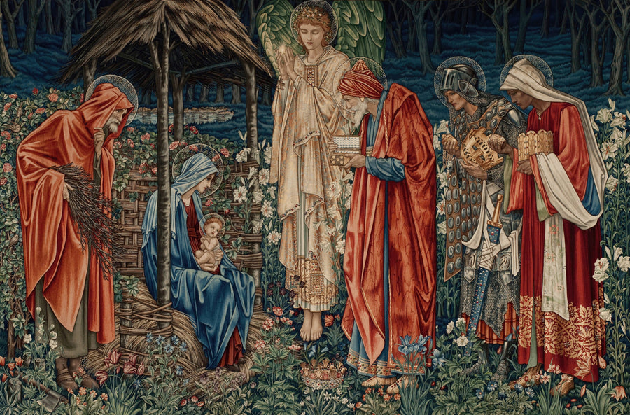 Edward Burne-Jones — The Adoration of the Magi | Pre-Raphaelite Art Print shown to scale on a wall above a sofa