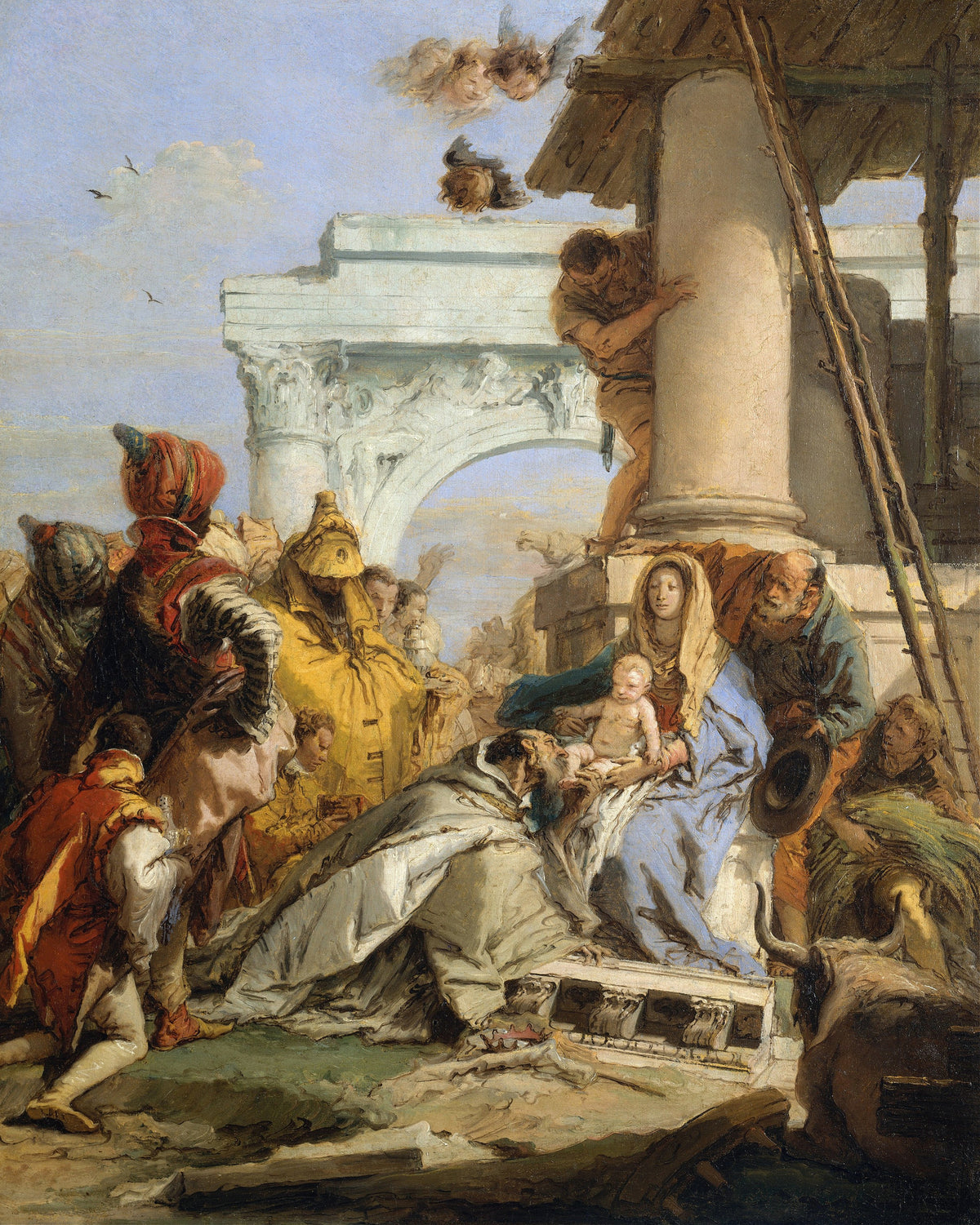 The Adoration of the Magi by Giovanni Battista Tiepolo — Kings kneel to the Virgin and Child beneath a ruined arch