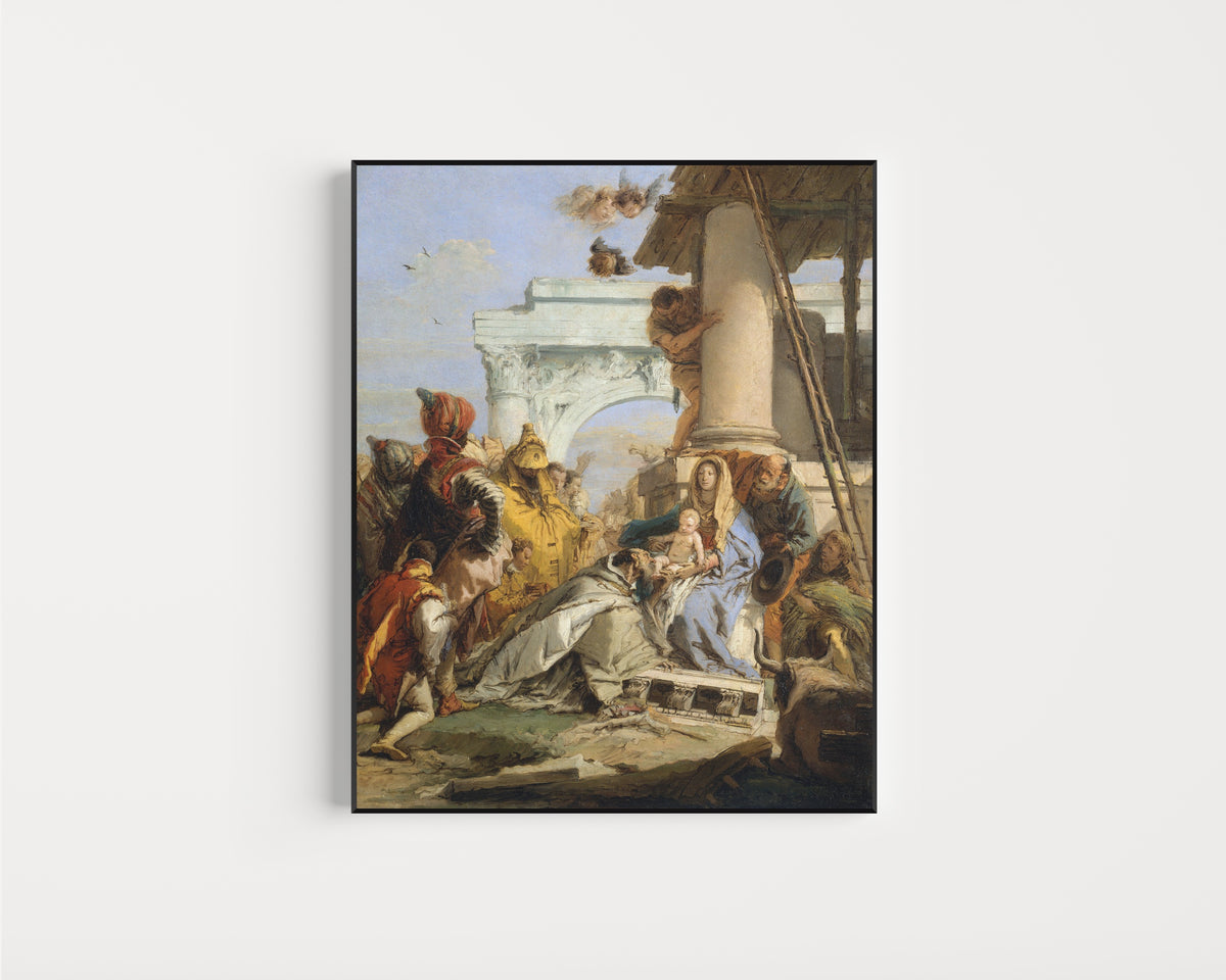 Framed art print of The Adoration of the Magi by Giovanni Battista Tiepolo, in a slim black frame on a plain white wall