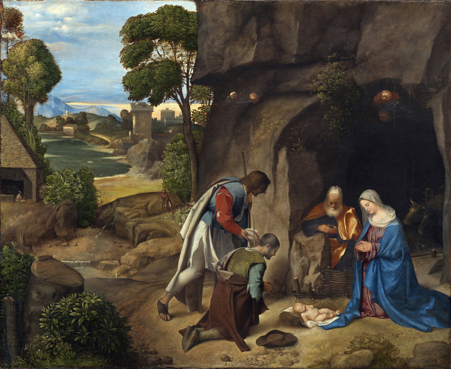 Giorgione — The Adoration of the Shepherds | Fine Art Print shown to scale on a wall above a sofa