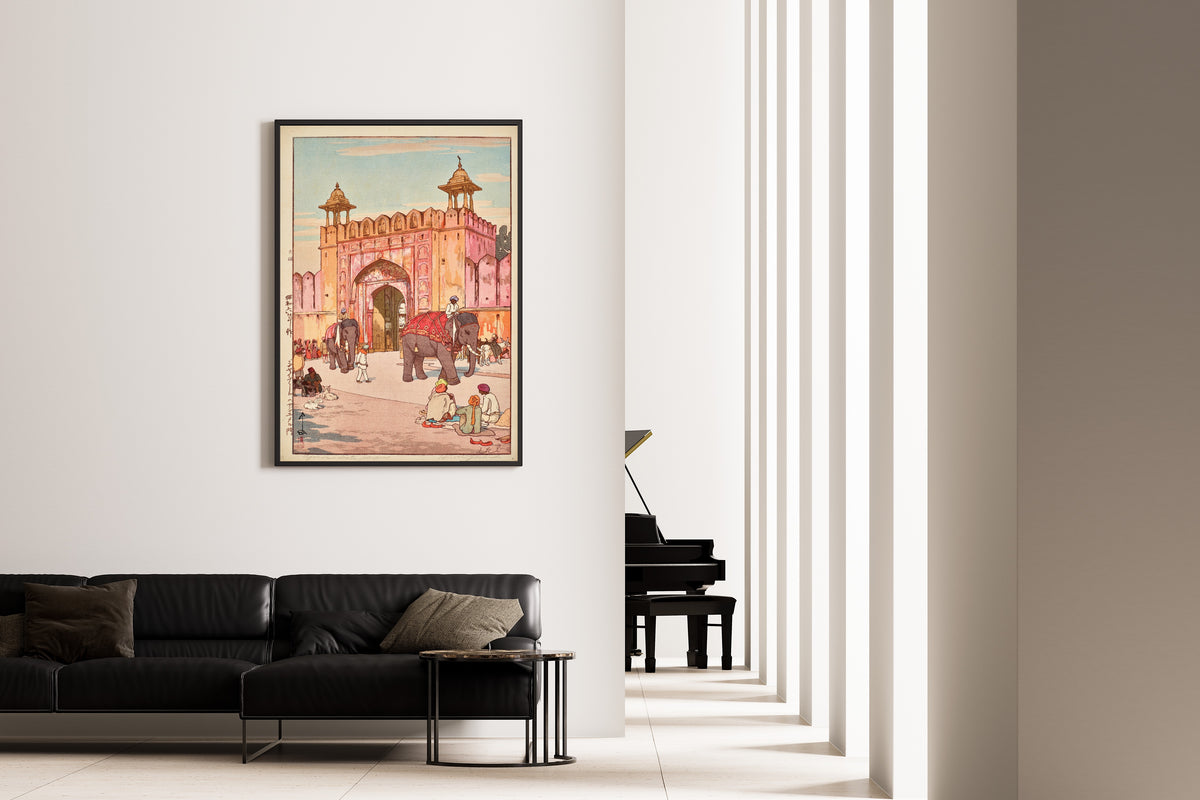 Framed art print of The Ajmer Gate at Jaipur by Hiroshi Yoshida, on the wall of a minimal living room