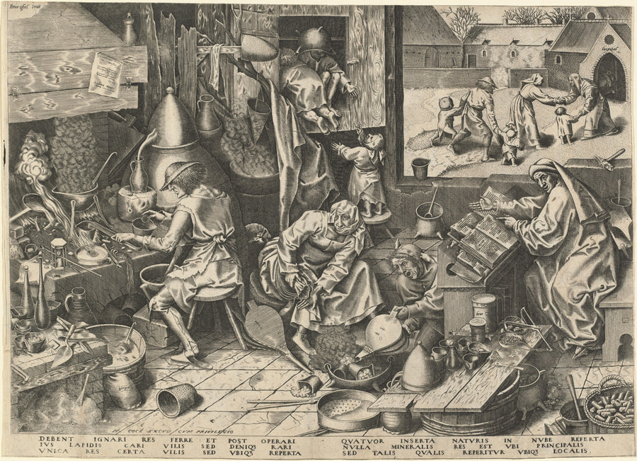 Pieter Bruegel the Elder — The Alchemist | Engraving Print shown to scale on a wall above a sofa
