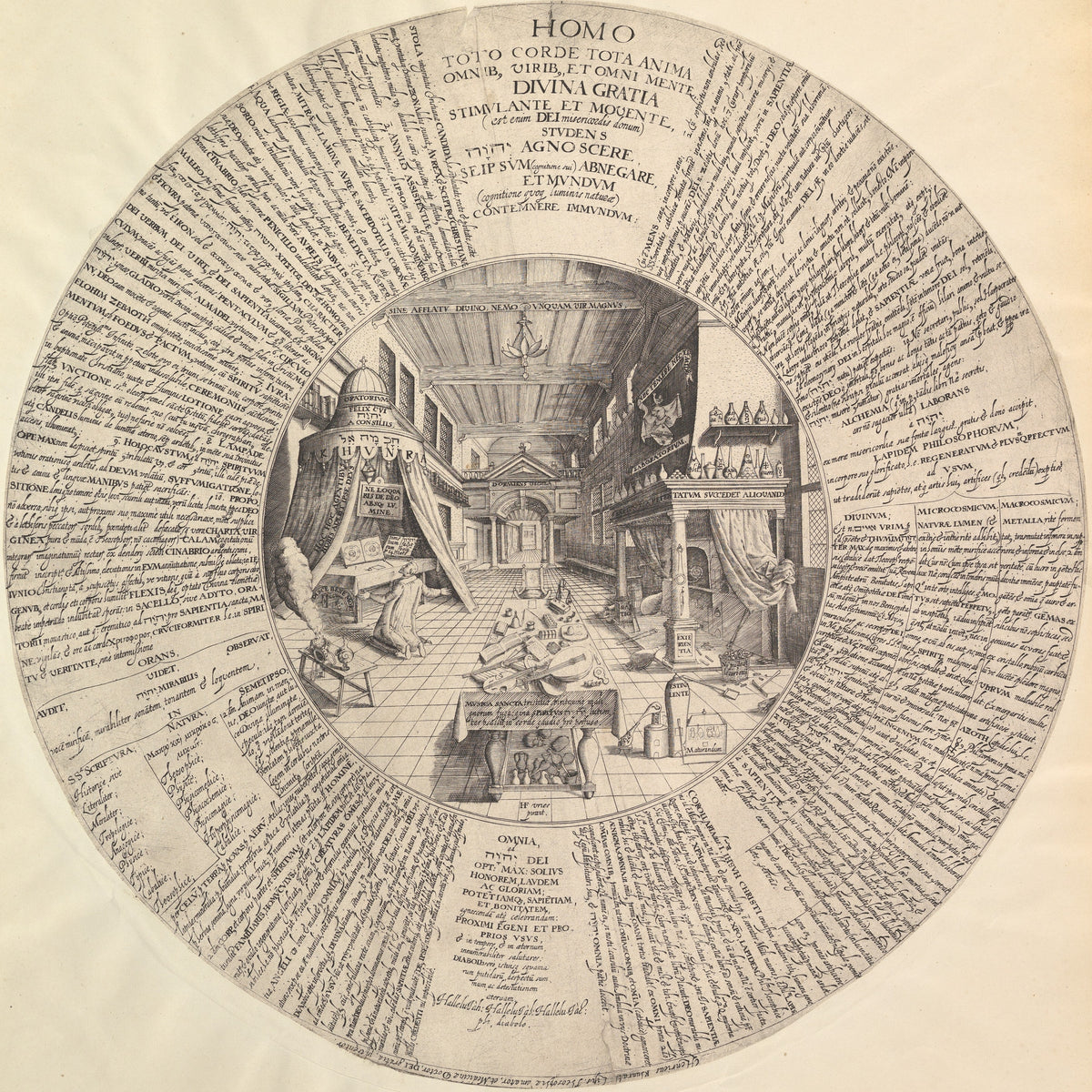 The Alchemist's Laboratory (Amphitheatrum sapientiae aeternae) by Heinrich Khunrath — A vaulted laboratory ringed by tiny Latin and Hebrew script