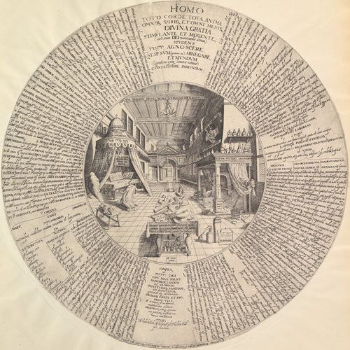 The Alchemist's Laboratory (Amphitheatrum sapientiae aeternae) by Heinrich Khunrath — A vaulted laboratory ringed by tiny Latin and Hebrew script
