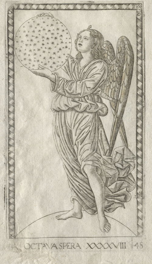 The Angel of the Eighth Sphere (from the Tarocchi, Series A: Firmaments of the Universe, no. 48) by Master of the E-Series Tarocchi — A young angel raises a