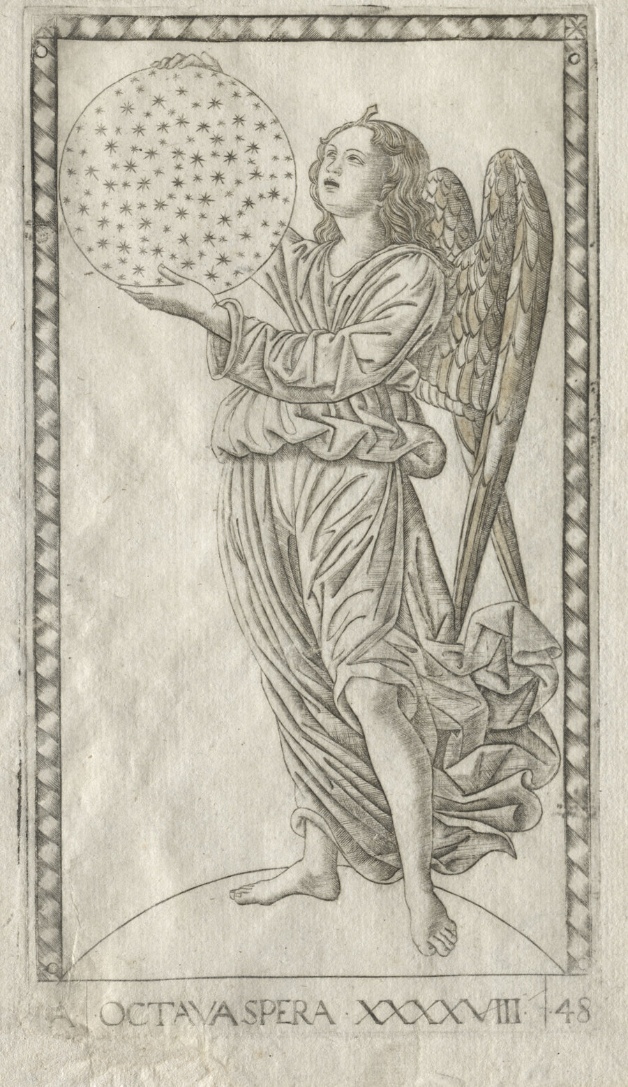 Master of the E-Series Tarocchi — The Angel of the Eighth Sphere (from the Tarocchi, Series A: Firmaments of the Universe, no. 48) | Esoteric Art Print shown to scale on a wall above a sofa