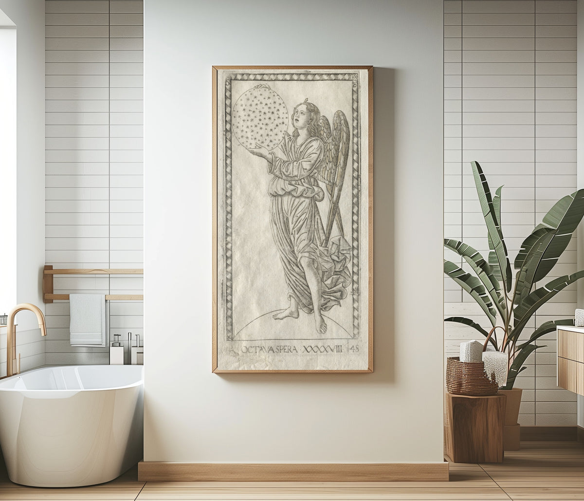 Framed art print of The Angel of the Eighth Sphere (from the Tarocchi, Series A… by Master of the E-Series Tarocchi, in a bathroom beside a freestanding tub