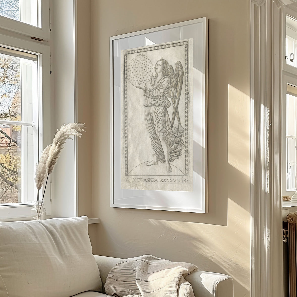 Framed art print of The Angel of the Eighth Sphere (from the Tarocchi, Series A… by Master of the E-Series Tarocchi, in a sunlit living room above a sofa