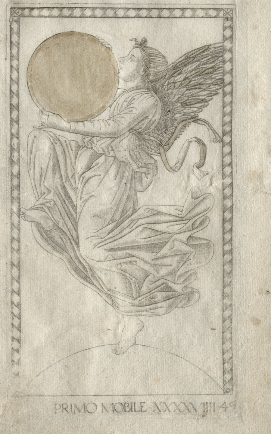 Master of the E-Series Tarocchi — The Angel of the Ninth Sphere (from the Tarocchi, Series A: Firmaments of the Universe, no. 49) | Esoteric Art Print shown to scale on a wall above a sofa