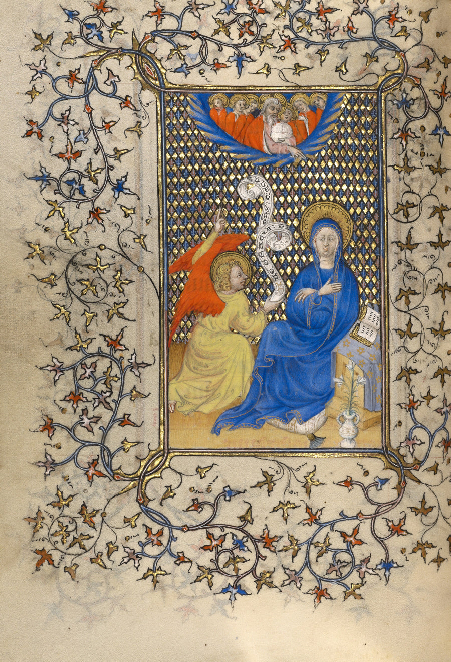 The Annunciation (Gold Diaper Ground) | Illuminated Manuscript Print shown to scale on a wall above a sofa